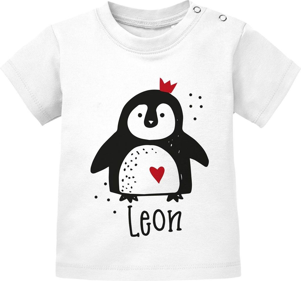 Baby T-Shirt mit Namen personalisiertTiermotive little Fox Fuchs Pinguin Panda kurzarm Baumwolle SpecialMe Pinguin weiß 80/86 (10-15 Monate)