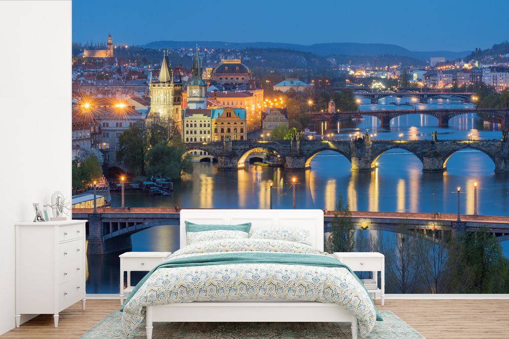 MuchoWow Fototapete für Wohnzimmer oder Schlafzimmer Wandtapete Vinyl Motivtapete Nacht - Prag - Brücken - 525x350 cm - Das Hintergrundbild