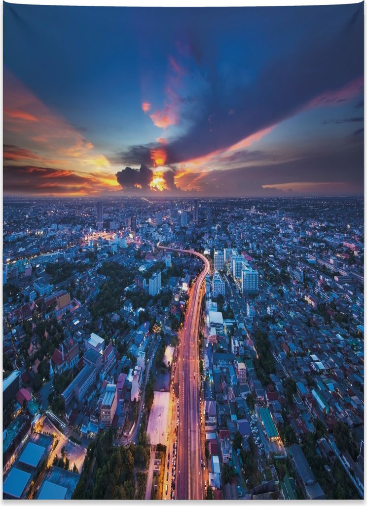 Abakuhaus Städtisch Wandteppich, Bangkok Thailand Skyline aus Weiches Mikrofaser Stoff Kein Verblassen Klare Farben Waschbar, 110 x 150 cm, Korall...