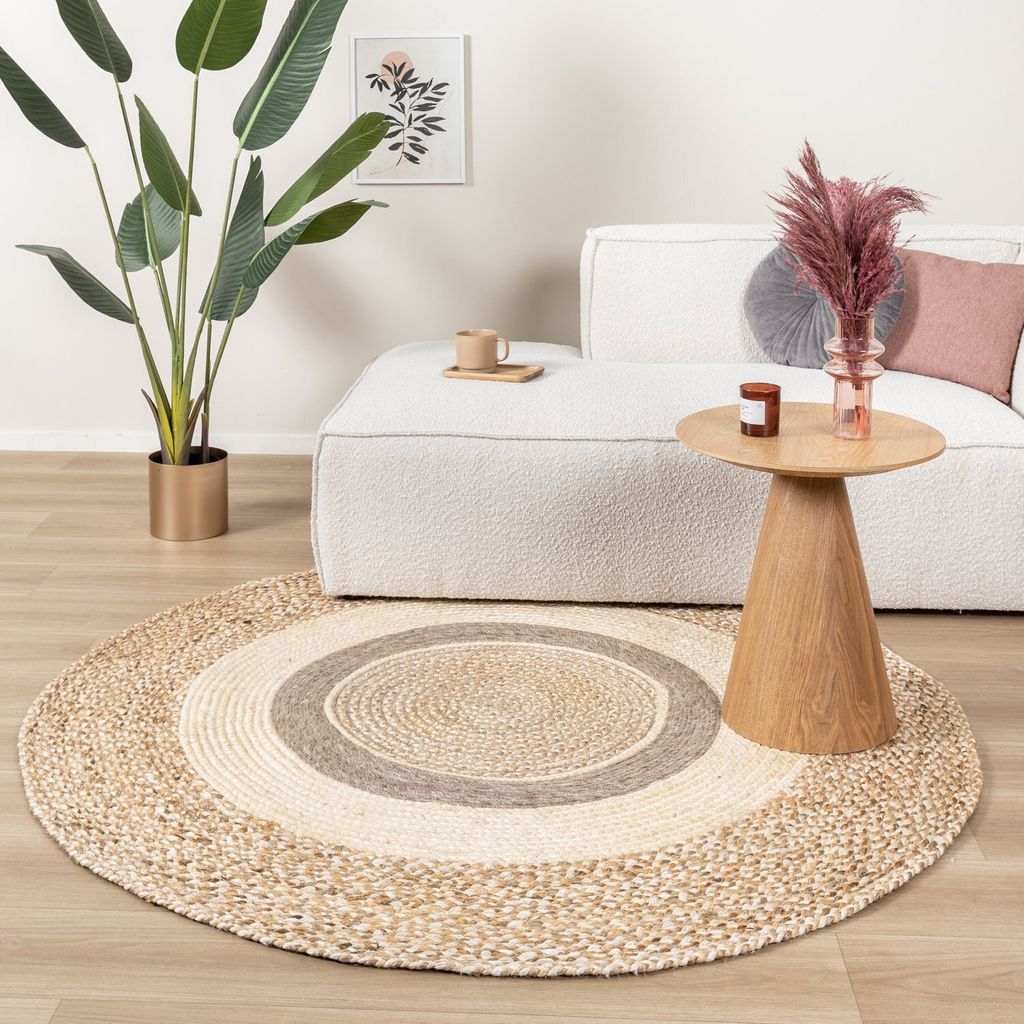 Jute Teppich Rund - Mirai Border Weiss Melange - Ø 100 cm - Wohnzimmer, Esszimmer, Kinderzimmer, Schlafzimmer - FRAAI | Home & Living - Boho, Klas...