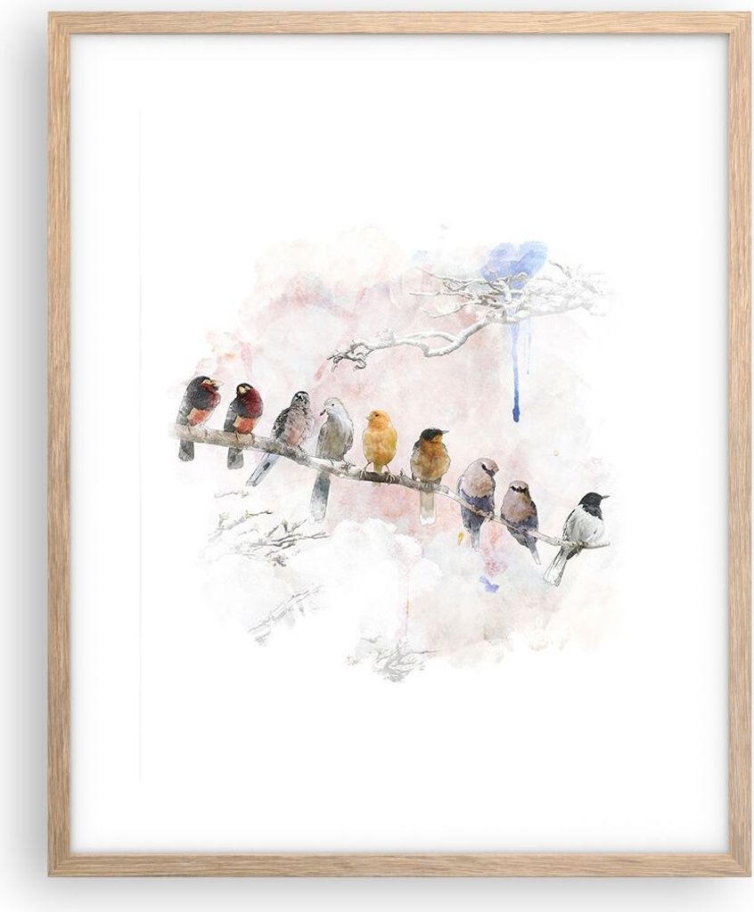 Gerahmtes Poster - Rahmen in heller Eiche - Vögel Kanarienvogel Zweig - 40x50 cm - Wand Bild - Wanddeko - Wandbilder - Wandposter - Bilderrahmen -...