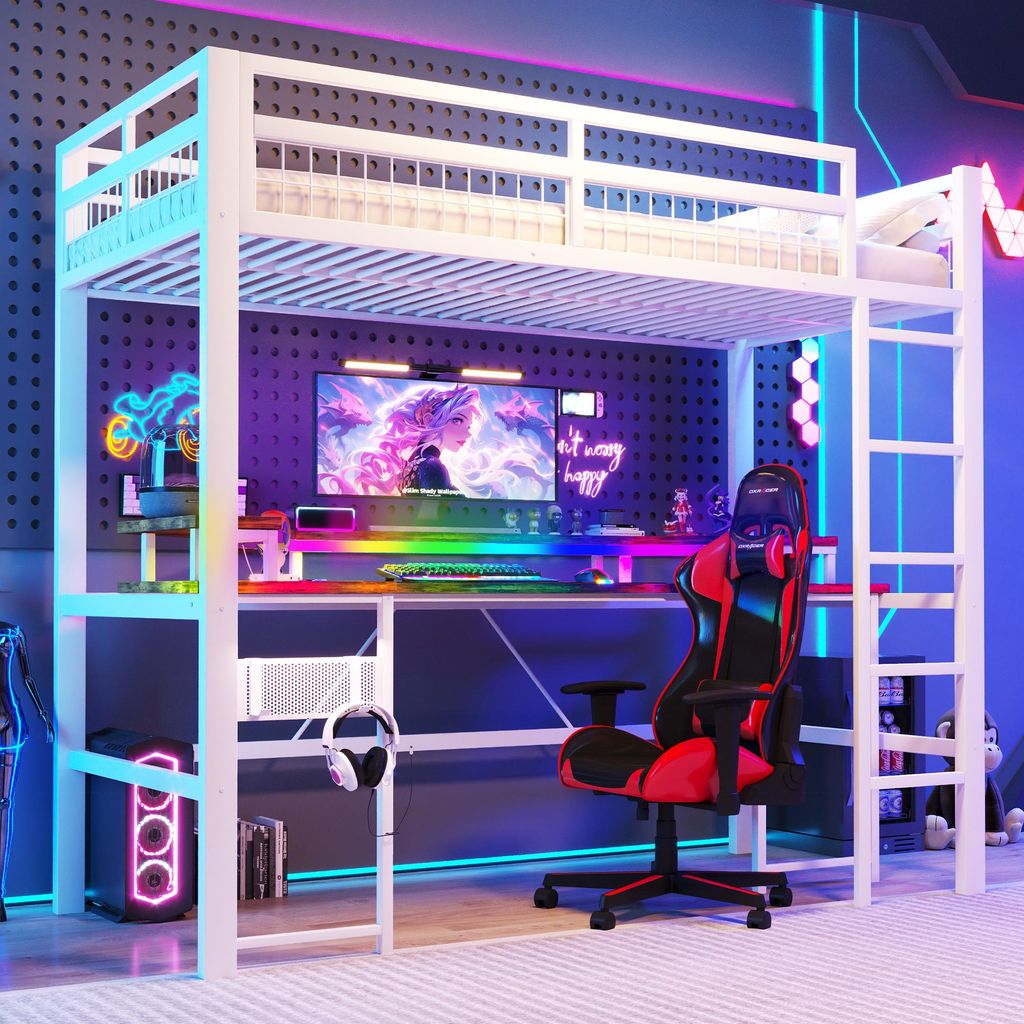 STILVORA Hochbett 90x200 cm mit LED Beleuchtung und USB Typ-C Steckdosen, Metallbett mit integriertem Schreibtisch und Lochwand, Jugendbett multifu...