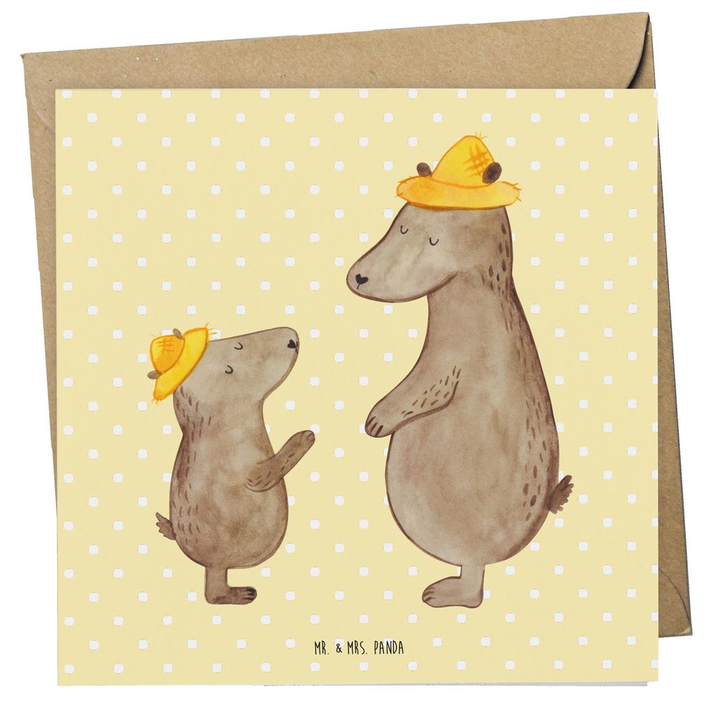 Mr. & Mrs. Panda Glückwunschkarte Bären mit Hut - Gelb Pastell - Geschenk, Familie, anlasskarte, Vatertag, doppelkarte, Papa, Klappkarte, Daddy, ...