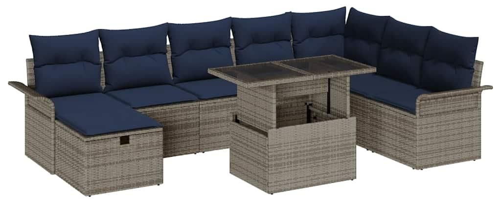 vidaXL Garten-Sofa-Set mit Kissen mit Speicher 9 pcs Grau Poly Rattan