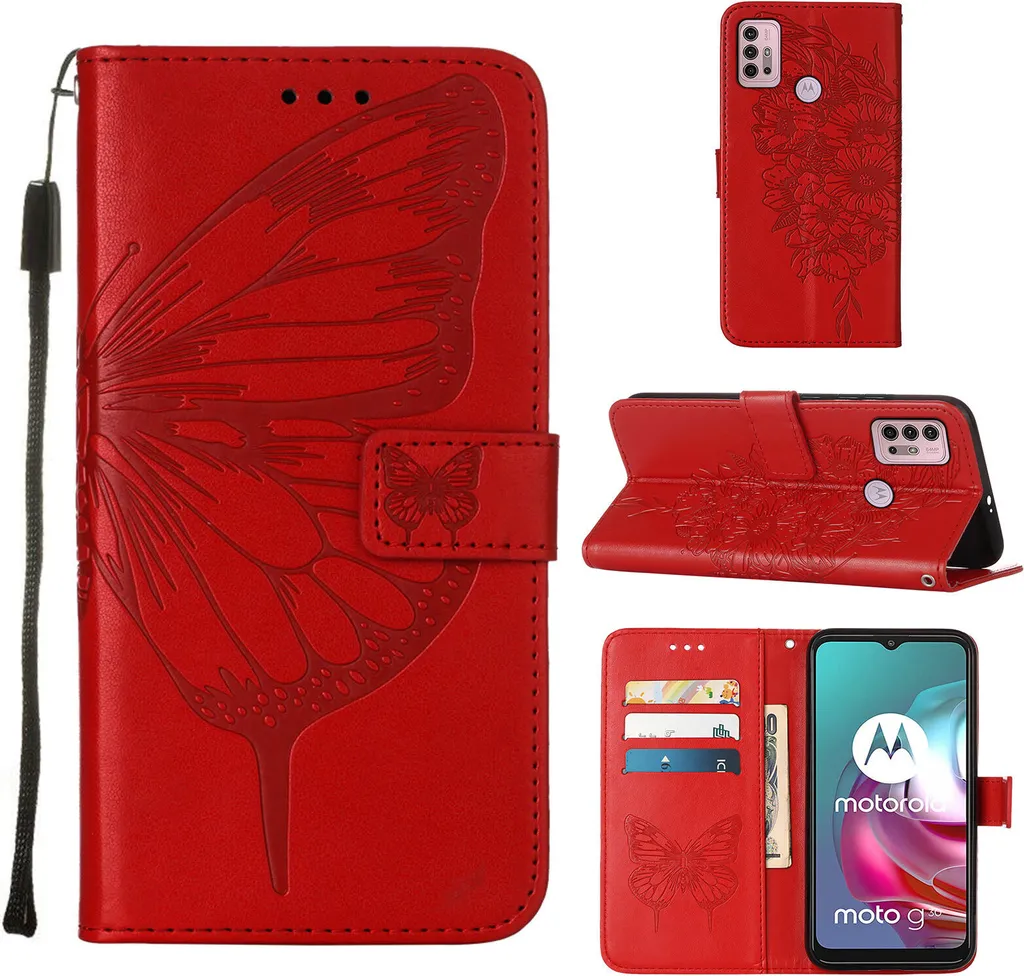 Custodia Motorola Moto G30 Flip in Pelle Rosso Farfalla con Stand
