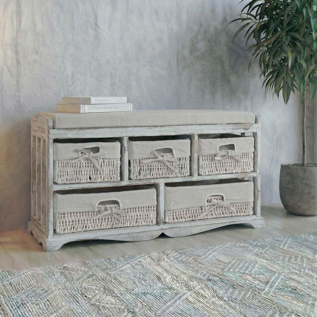 Kommode und Sitzbank mit 5 Schubladen, 45x77x36cm, Shabby-Look, Vintage weiß