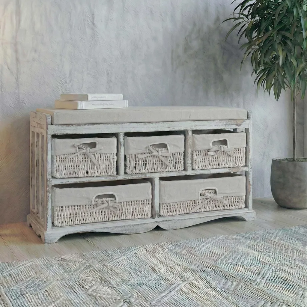 Banc de rangement vintage blanc à 5 tiroirs pour entrée et chambre