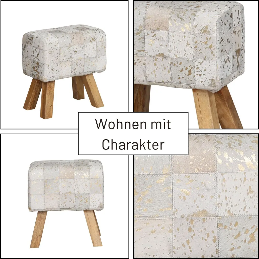 Tabouret bas design patchwork de cuir Adelphia avec pieds bois massif