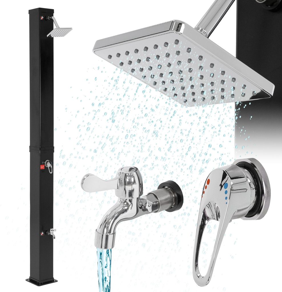 A collage of shower components including a black solar shower column, a shower head with water spraying, and two faucets.