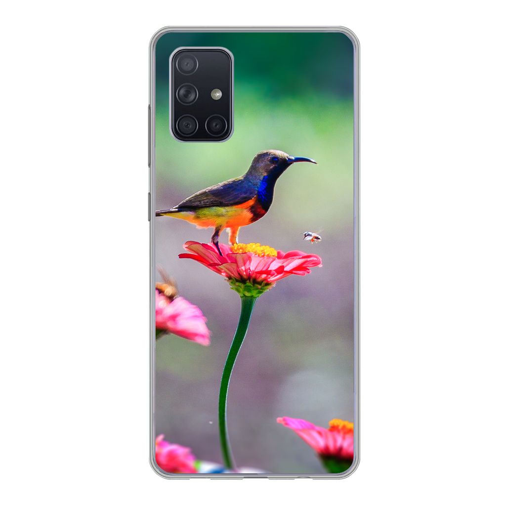 MuchoWow Handyhülle Schutzhülle Hülle für Samsung Galaxy A51 Nahaufnahme eines Kolibris auf rosa Blüten Silikon Softcase Handy Hülle - Schu...