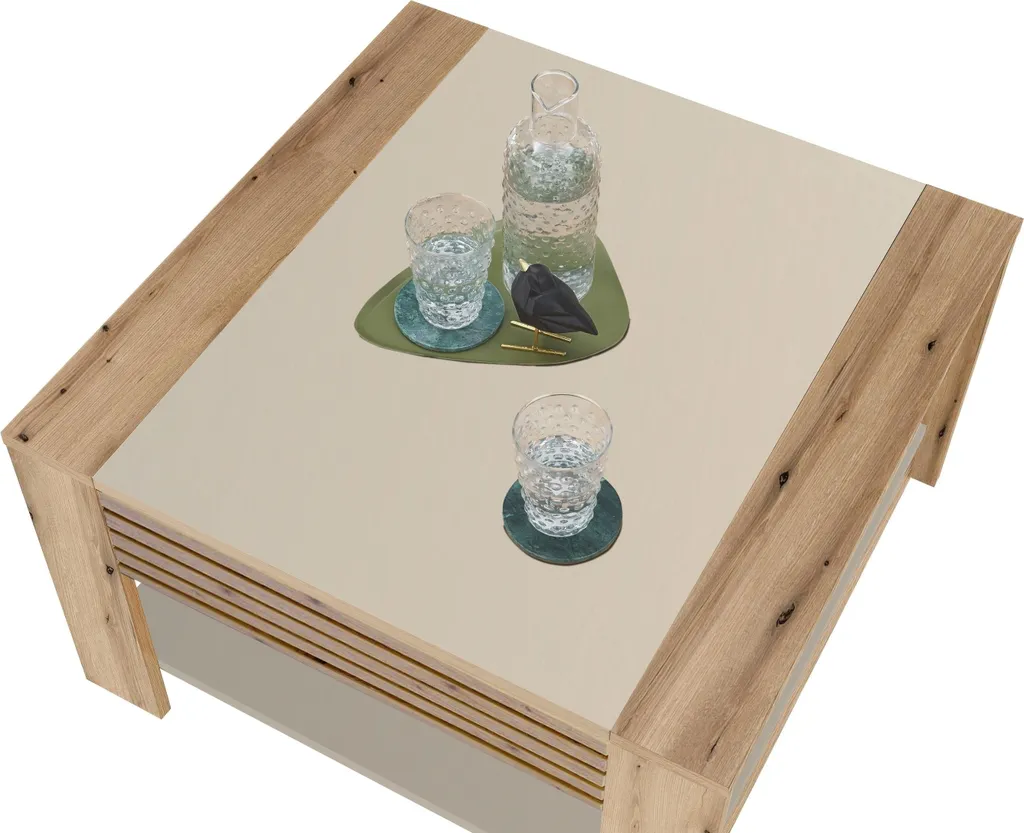 Table basse 70x70 cm tiroir coulissant bois Chêne Evoke et Cachemire
