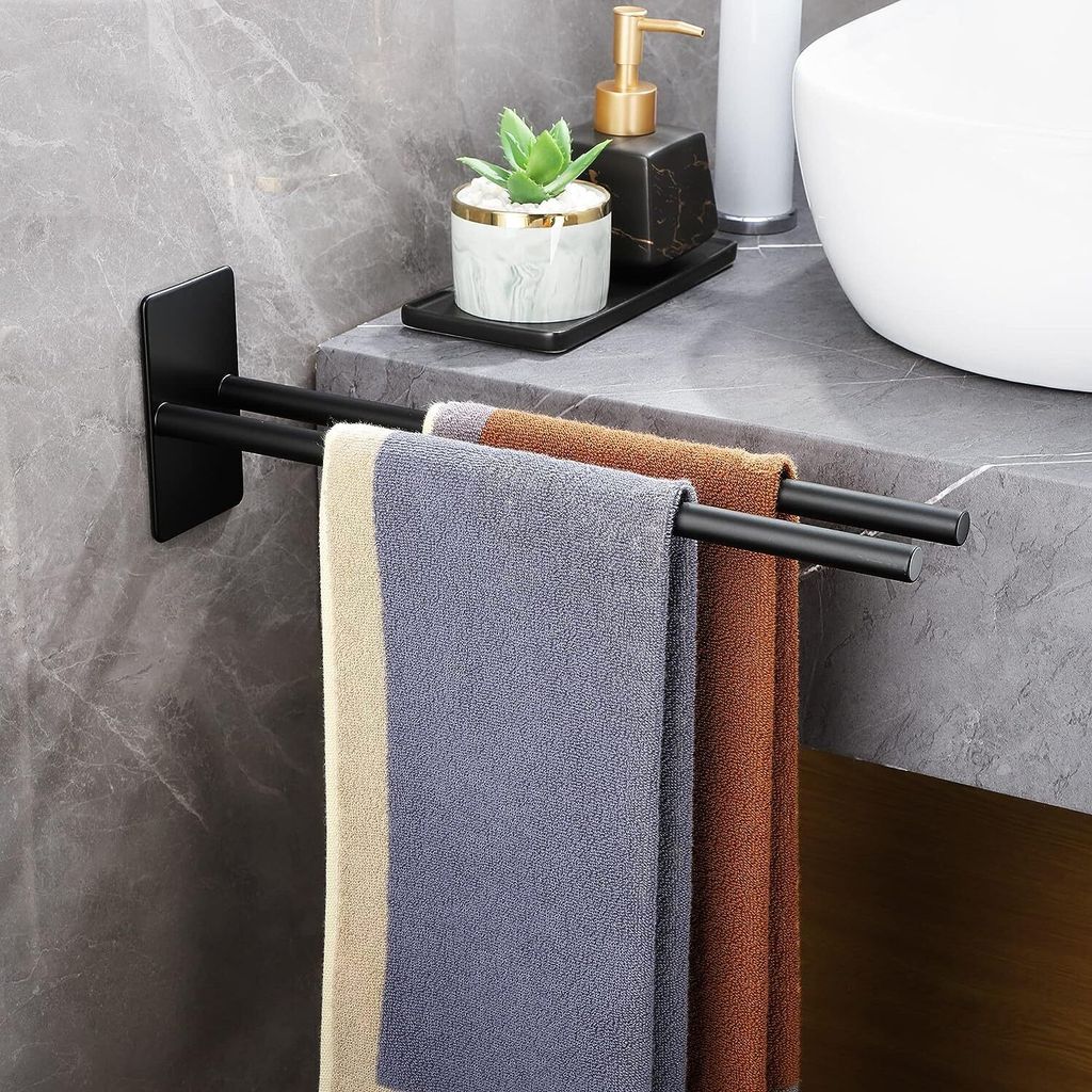 Handtuchhalter, Handtuchstange Selbstklebend, Edelstahl Handtuchhalter Doppelt Ohne Bohren, 38CM, Schwarz
