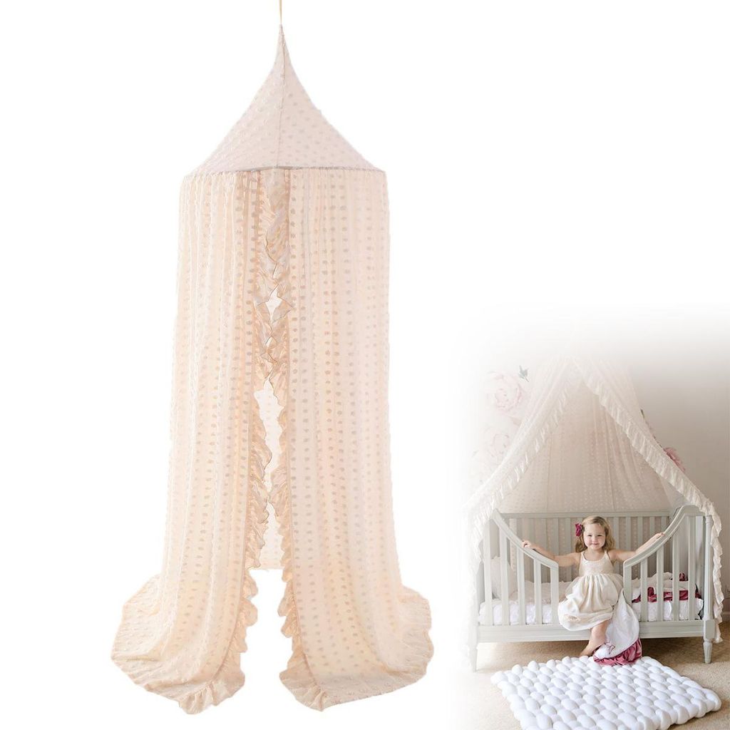 Betthimmel mit Pompons und Moskitonetz für Kinderbett, Dekoratives Prinzessin Zelt, Kinderzimmer Hängevorhang,60*240cm,Beige