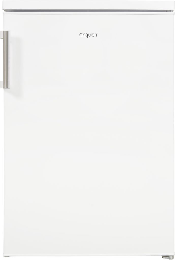 A white upright refrigerator with a silver handle on the left side. The brand name 'EXQUISIT' is visible on the front.
