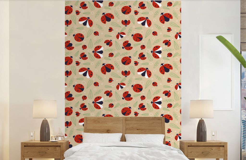 MuchoWow Fototapete für Wohnzimmer oder Schlafzimmer Wandtapete Vinyl Motivtapete Marienkäfer - Blätter - Design - 140x220 cm - Fototapeten