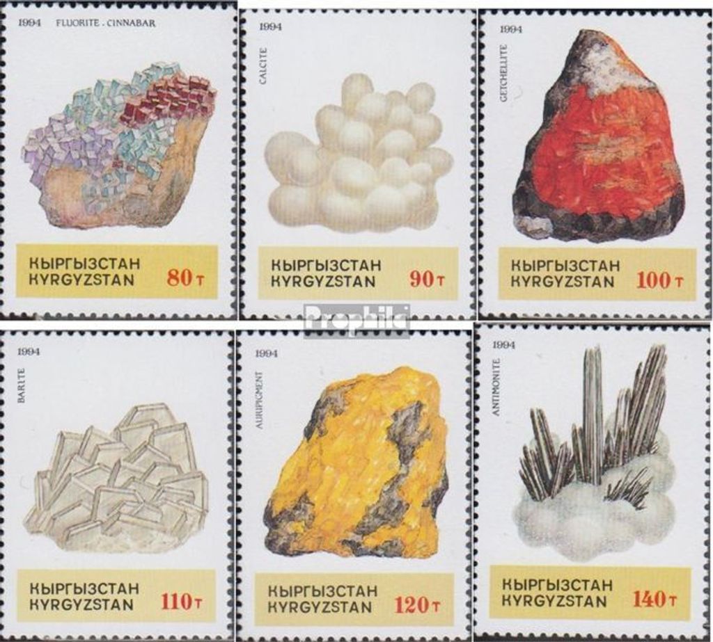 Briefmarken Kirgisistan 1994 Mi 37-42 (kompl.Ausg.) postfrisch Mineralien