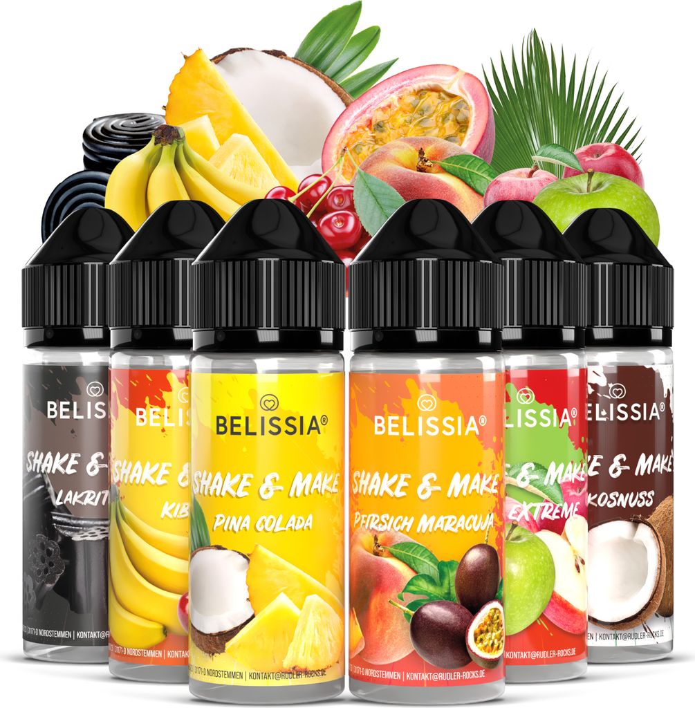 Belissia Shake and Make Set Exotisch - 6x10ml hochdosiertes Lebensmittelaroma + 120ml Schüttelflasche - Für Backen, Speisen, Getränke, DIY & Rau...