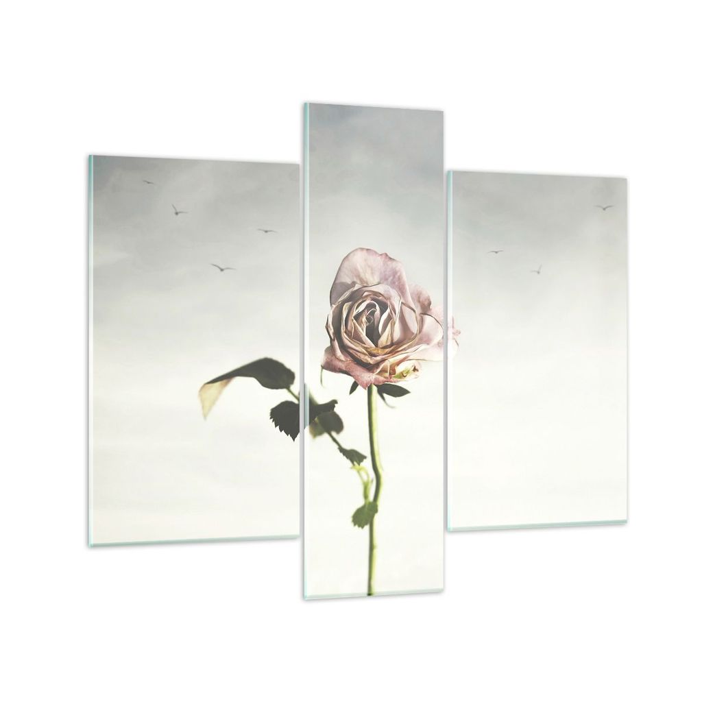 Bilder auf glas - 3 Teile - Rose Vögel Himmel - 95x80cm - Glasbilder - Wandbilder - Bilder - zum Aufhängen bereit - Wanddekoration aus Glas - Gla...