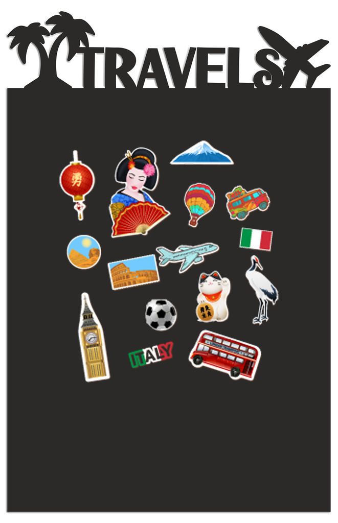 A collection of travel-themed magnets arranged on a black background, with the word 'TRAVELS' at the top.