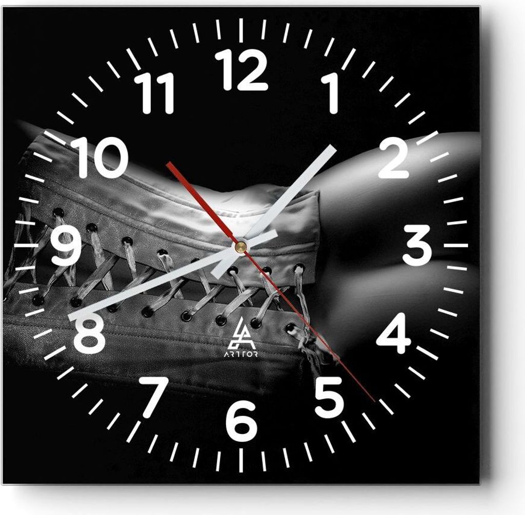 Wanduhr - Quadrat - Glasuhr - Weiblicher Körper Leder Korsett Frau - 40x40cm - Schleichendes Uhrwerk - Lautlos - zum Aufhängen bereit - Dekoratio...