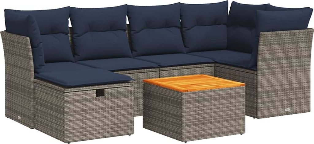 7-tlg. Garten-Sofagarnitur mit Kissen Grau Poly Rattan