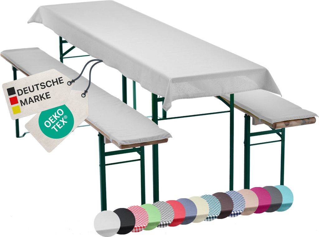 NYVI Bierbankauflagen Set NYVIGala 240x90 cm Weiß - 1x Tischdecke für 220x70 cm Biertische & 2x Gepolsterte Auflage für 220x25 cm Bierbänke - S...