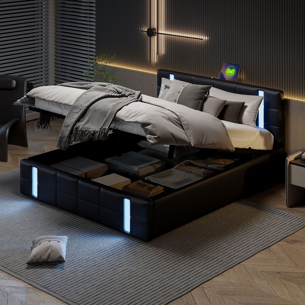 CDGlobal Polsterbett 160x200cm Stauraumbett mit LED und USB, Doppelbett Boxspringbett mit Lattenrost und Stauraum, Funktionsbett Jugendbett, PU, Sc...