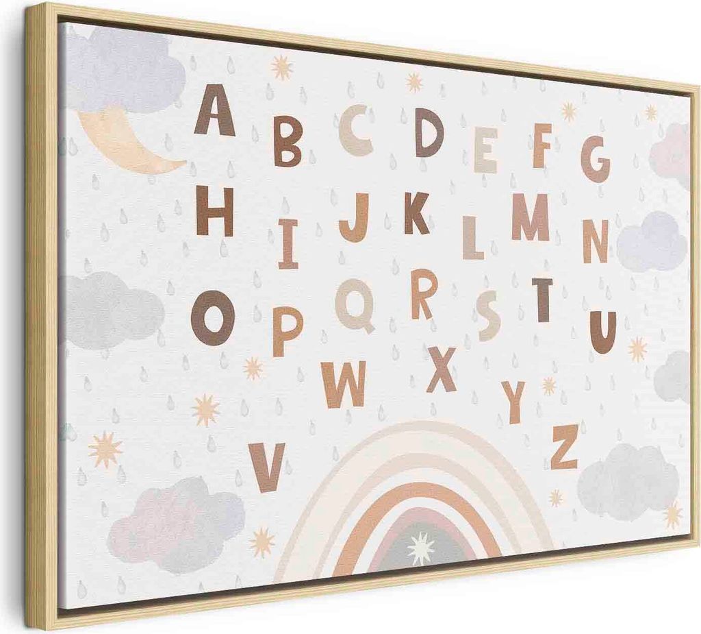 Italienischer Leinwand Leinwandbild - Letters Above the Rainbow - Letters Among Streams of Rain and Clouds with a Rainbow Moon and Stars on a Light...