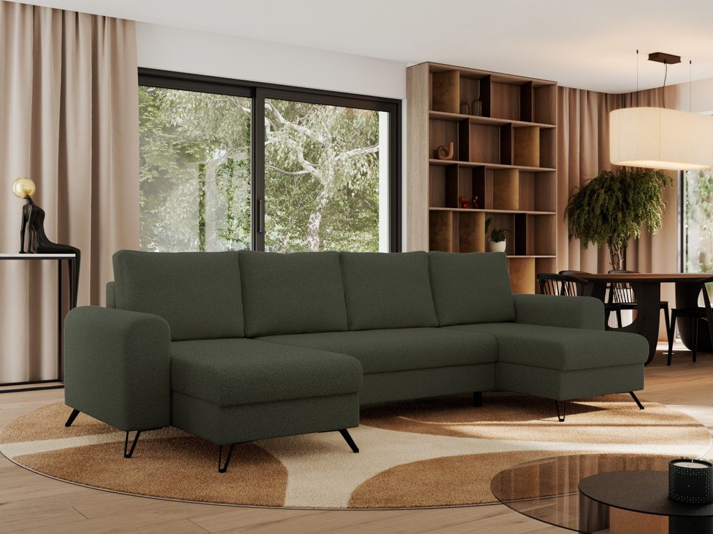 Ecksofa für das Wohnzimmer, AXEL U Ecksofa mit losen Kissen, drei Bettkästen, U-förmiges Ecksofa mit Armlehnen, Universalecke mit schwarze Metal...