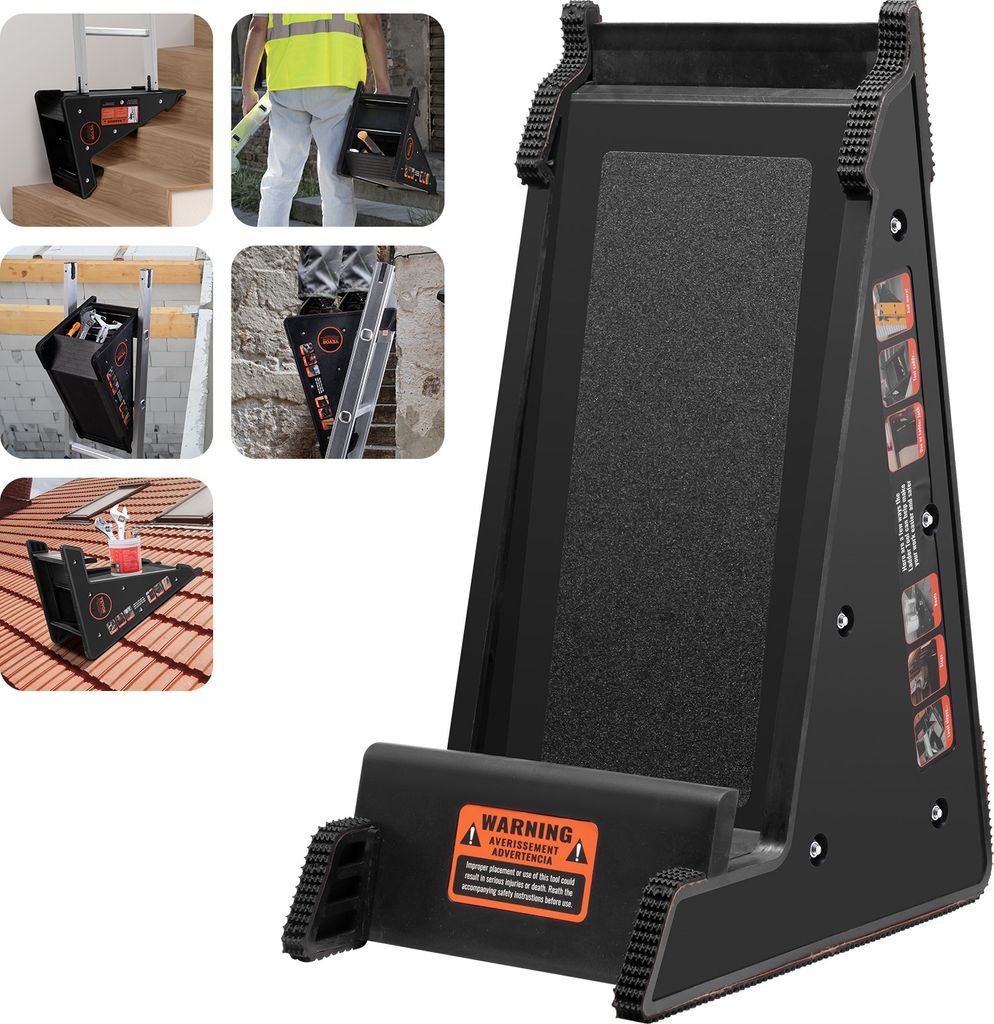 A collage of images showing a ladder leveler tool in various real-world applications, alongside a main image of the product itself.