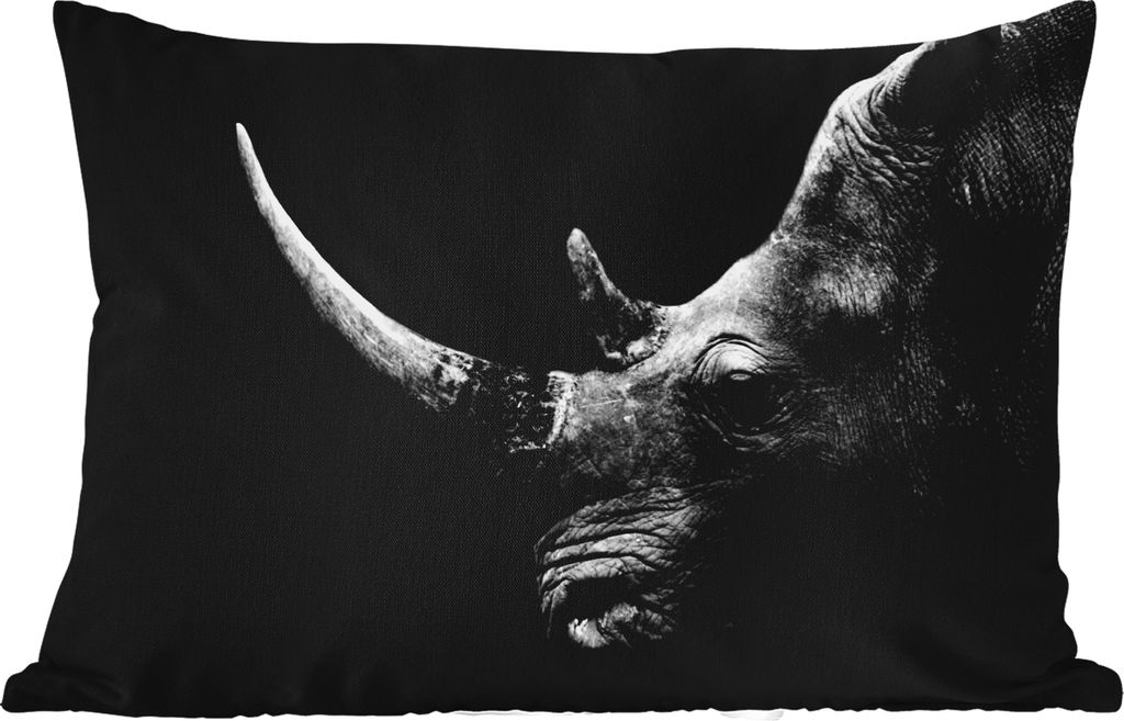 MuchoWow Outdoor Kissen - Nashorn - Tiere - Schwarz - Weiß - Porträt - 60x40 cm - Wetterfest - Lounge Kissen - Zierkissen - Kissen für Innenr...