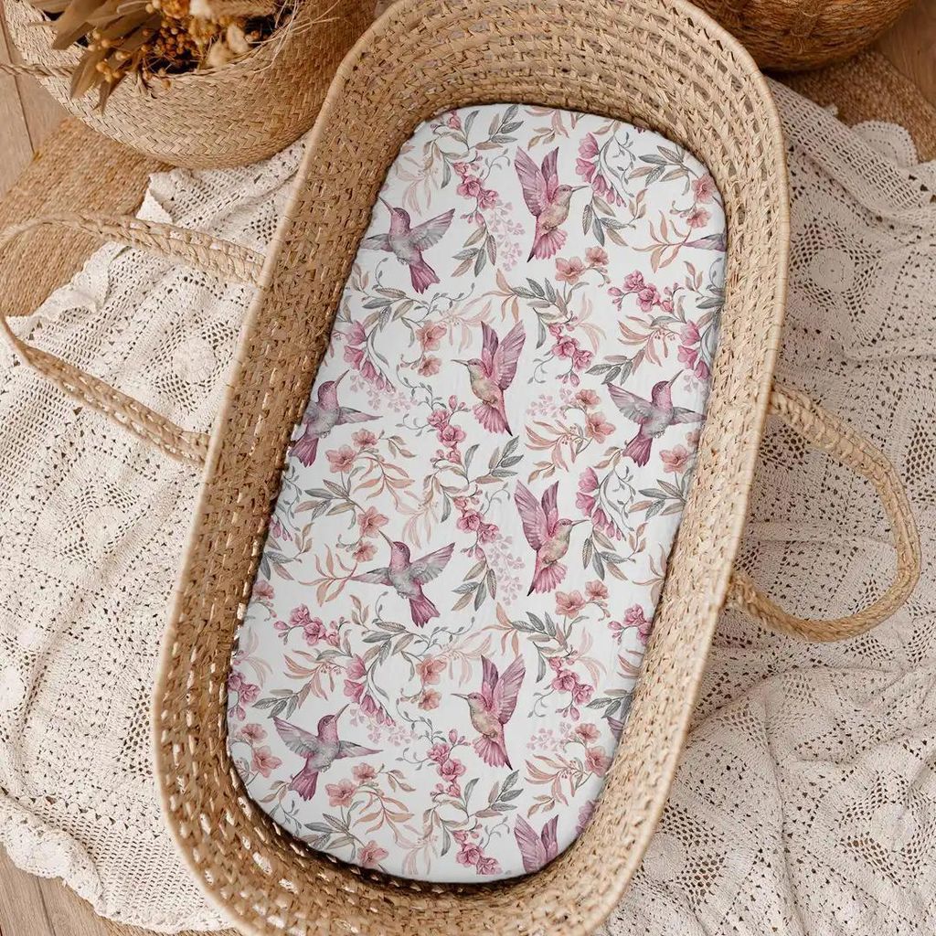 Muminky | Spannbettlaken für Kinderwagen/Stubenwagen - 40x80 cm - Rosa Kolibris - Baumwolle-Musselin - Hipoallergen
