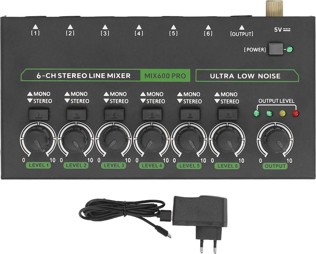 6-Kanal-Mixer mit RGB-Licht, 1/4 TRS TS, rauscharmer Stereo-Mono-Schaltleitung, hörbar, für Bühnenaufnahmen, Studio, EU-Stecker