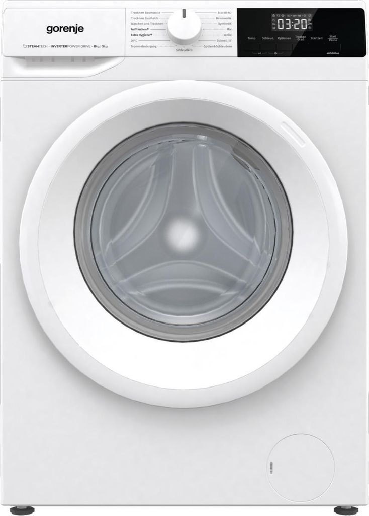 A front view of a white Gorenje washing machine.