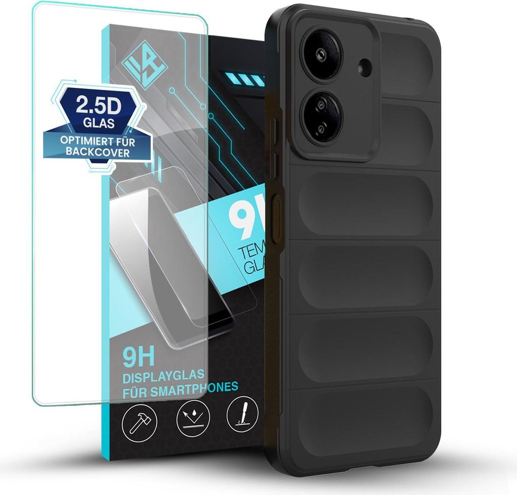 Handy Hülle für Xiaomi Redmi 13C mit 9H Displayglas Displayschutz Plus Grip Case Cover Schutzhülle Softgrip Farbe: Schwarz