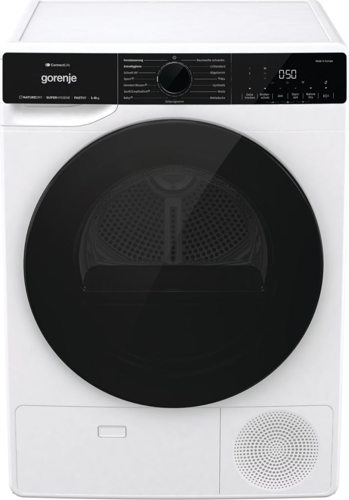 A front view of a white Gorenje heat pump dryer with a black glass door and a control panel at the top.