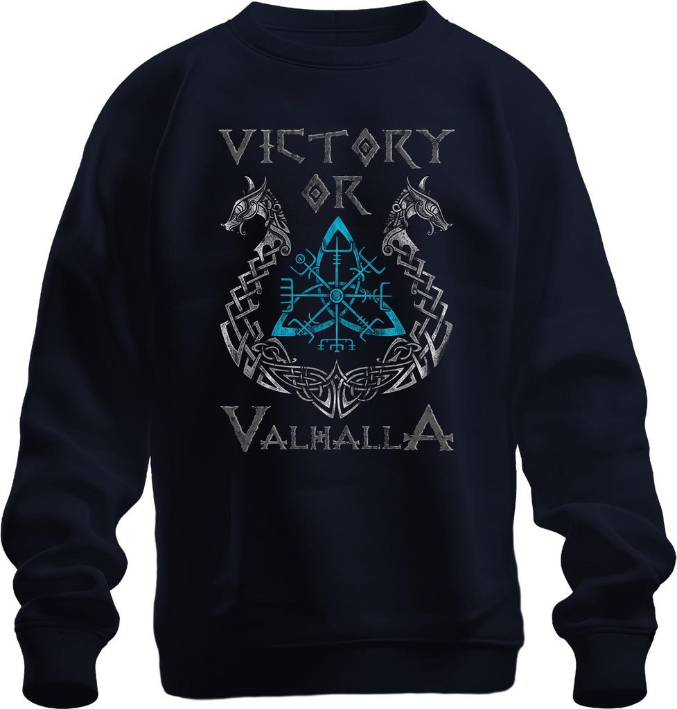 Victory or Valhalla Vegvisir Runenkompass Wikinger Wölfe Knoten Uni Sweatshirt Pullover, Navy, 3XL