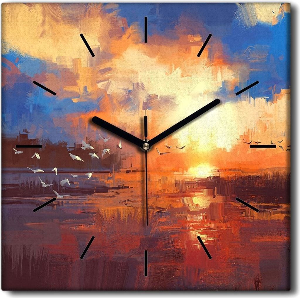 Coloray Uhr auf Leinwand 30x30 cm Wand Uhr Dekoration Wohnzimmer Segeltuch schwarze Hände -Sonnenuntergang des Sees.