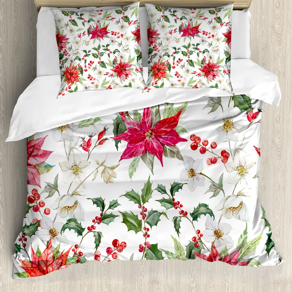 ABAKUHAUS Copripiumino con fiori, boccioli natalizi, antiacaro, adatto a chi soffre di allergie, con federe, 155 cm x 220 cm - 80 x 80 cm, rosa-verde-bianco