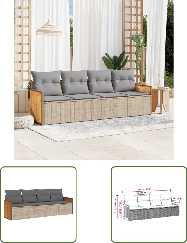 The Living Store 4-tlg. Garten-Sofagarnitur mit Kissen Beige Poly Rattan