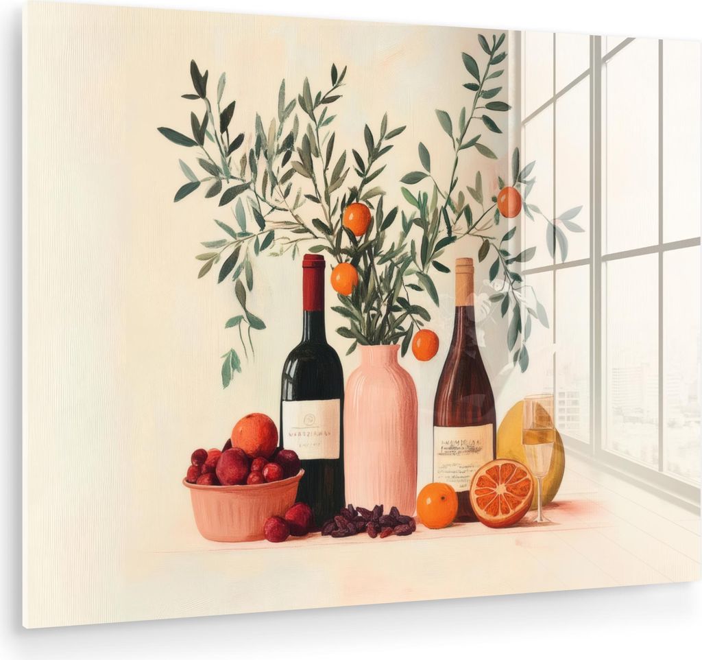 MuchoWow Glasbilder - Bilder auf Wandbild - Foto auf Glas Weinflaschen - Äste - Orangen 80x60 cm Wanddekoration aus Glas - Acrylglasbild - Acrylbi...