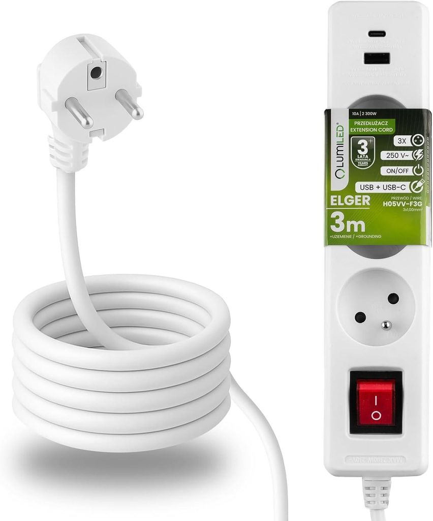 LUMILED Steckdosenleiste mit Schatler 3-Fach Typ E, 3m Kabel, 2x USB (C, A) Mehrfachsteckdose E Stecker 10A 2300W 250V IP20 Halterung zum Aufhängen