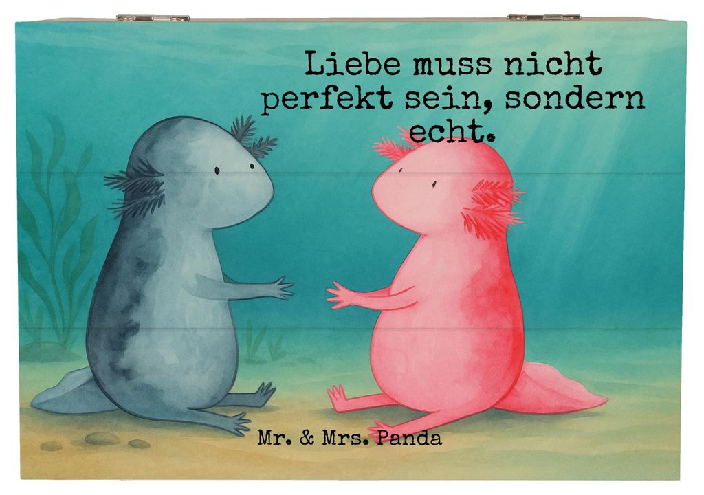 Mr. & Mrs. Panda Holzkiste Axolotl Liebe Design 22 x 15 cm - Weiß - Geschenk, fotobox, Aufbewahrungsbox Holz, Geschenkbox, Schatulle, Schatzkiste,...