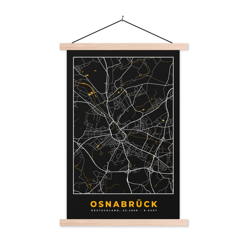 MuchoWow Textilposter Osnabrück - Gold - Karte - Stadtplan - Deutschland 40x60 cm mit holzfarbenen Rahmen - Poster