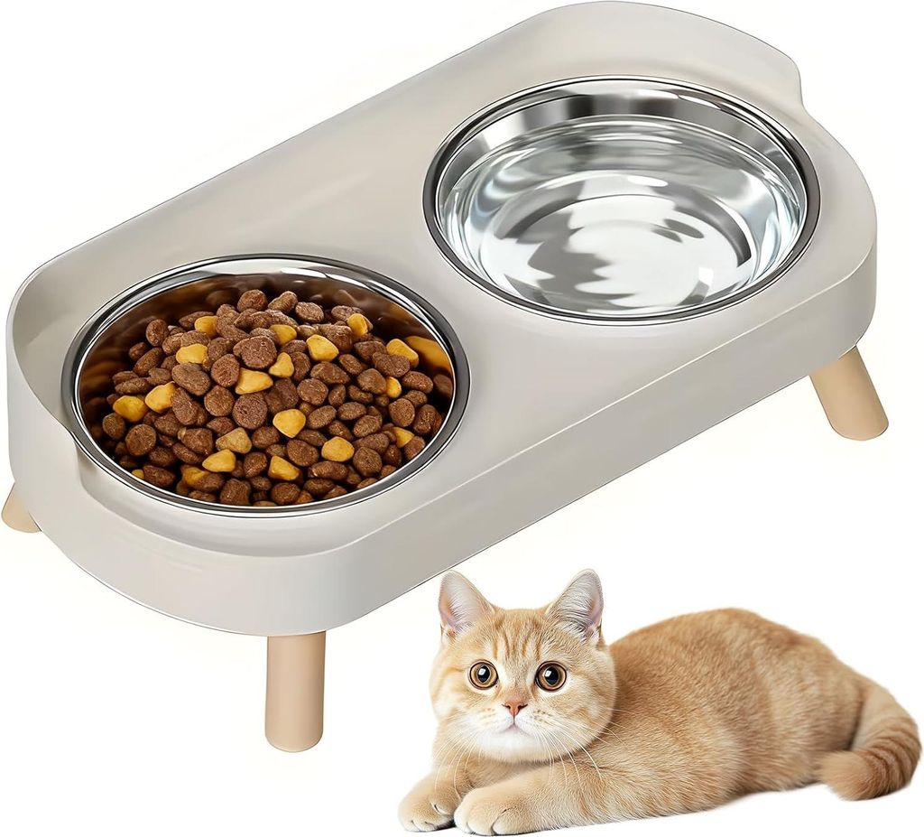 2 Stück Katzennapf - Erhöhter Katzen Napfset Edelstahl Doppelt Katzennäpfe mit Ständer und Spritzschutz rutschfeste Fressnapf Katze Napf - Futt...