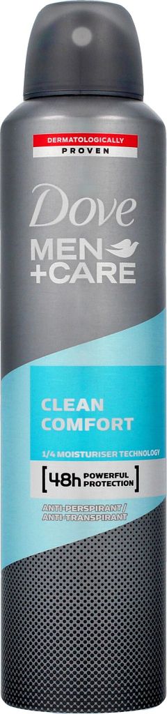 A Dove Men + Care Clean Comfort deodorant spray can against a white background.
