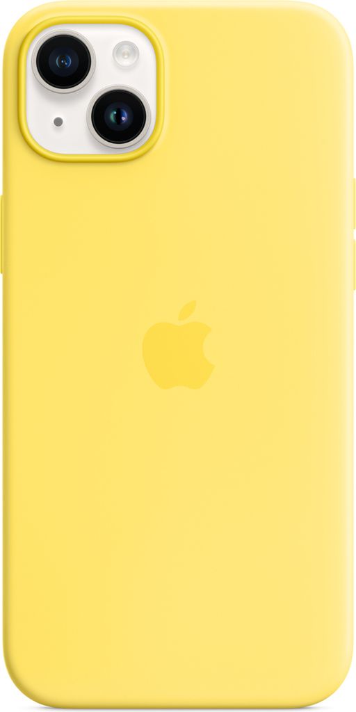 A yellow iPhone 14 Plus case is shown from the back on a white background.