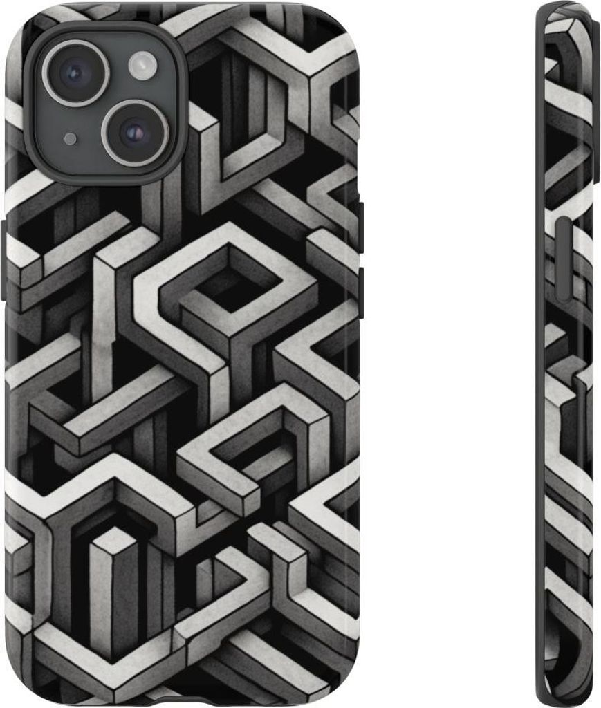 Monochrome geometrisches 3D-Illusionsmuster – Hülle Kompatibel mit iPhone 15