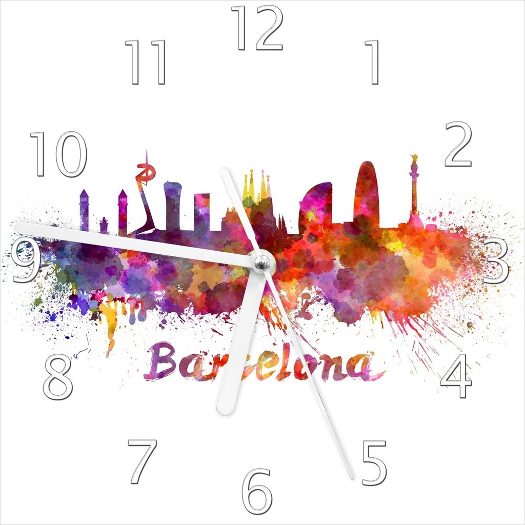 Wallario Design Wanduhr Städte als Aquarell - Skyline von Barcelona aus Echtglas, Größe 20 x 20 cm