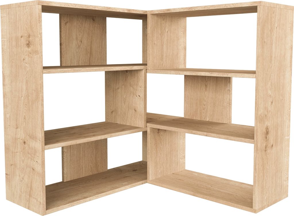 A corner bookshelf unit made of wood.